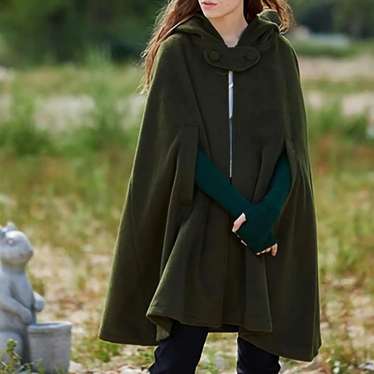 XUNRYAN Womens Renaissance Wool Blend Cloak with Hood Vintage Robes Solid Casual Cropped Cape Coat Cosplay Halloween Costume