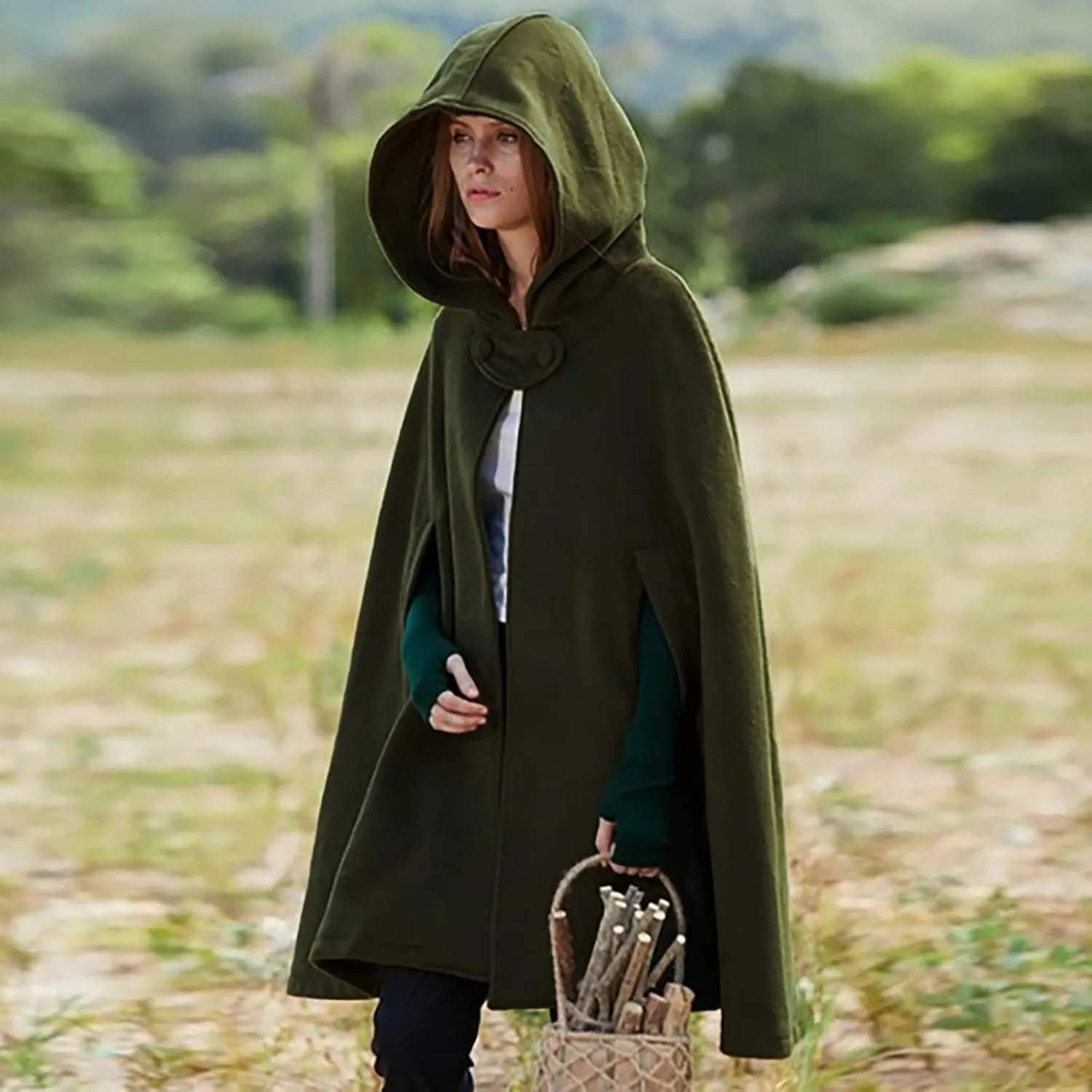 XUNRYAN Womens Renaissance Wool Blend Cloak with Hood Vintage Robes Solid Casual Cropped Cape Coat Cosplay Halloween Costume