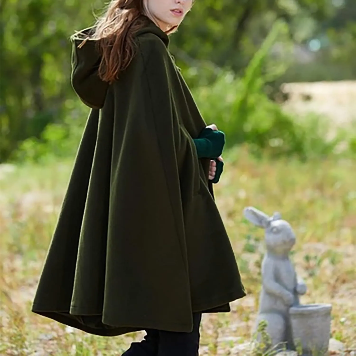 XUNRYAN Womens Renaissance Wool Blend Cloak with Hood Vintage Robes Solid Casual Cropped Cape Coat Cosplay Halloween Costume