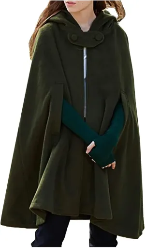 XUNRYAN Womens Renaissance Wool Blend Cloak with Hood Vintage Robes Solid Casual Cropped Cape Coat Cosplay Halloween Costume
