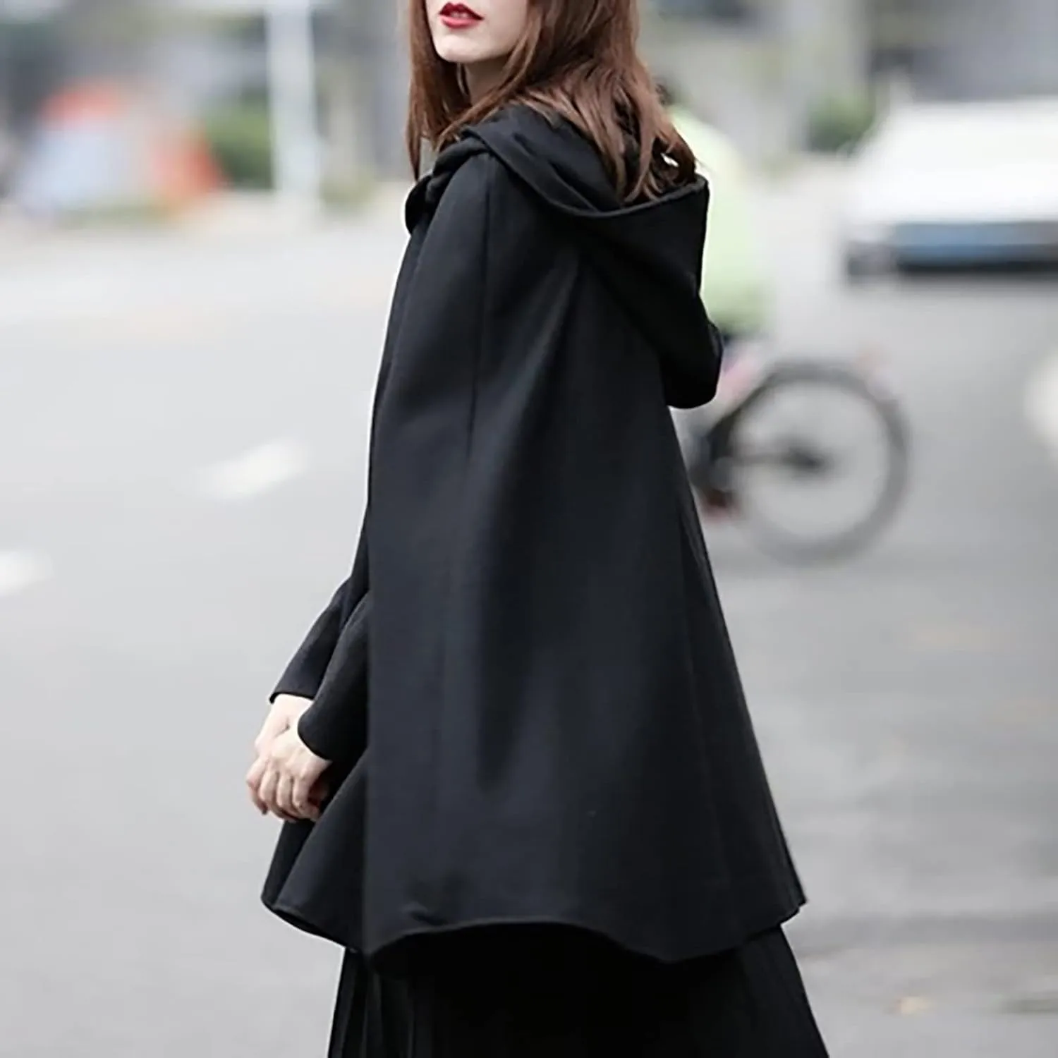 XUNRYAN Womens Renaissance Wool Blend Cloak with Hood Vintage Robes Solid Casual Cropped Cape Coat Cosplay Halloween Costume