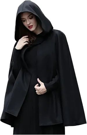 XUNRYAN Womens Renaissance Wool Blend Cloak with Hood Vintage Robes Solid Casual Cropped Cape Coat Cosplay Halloween Costume